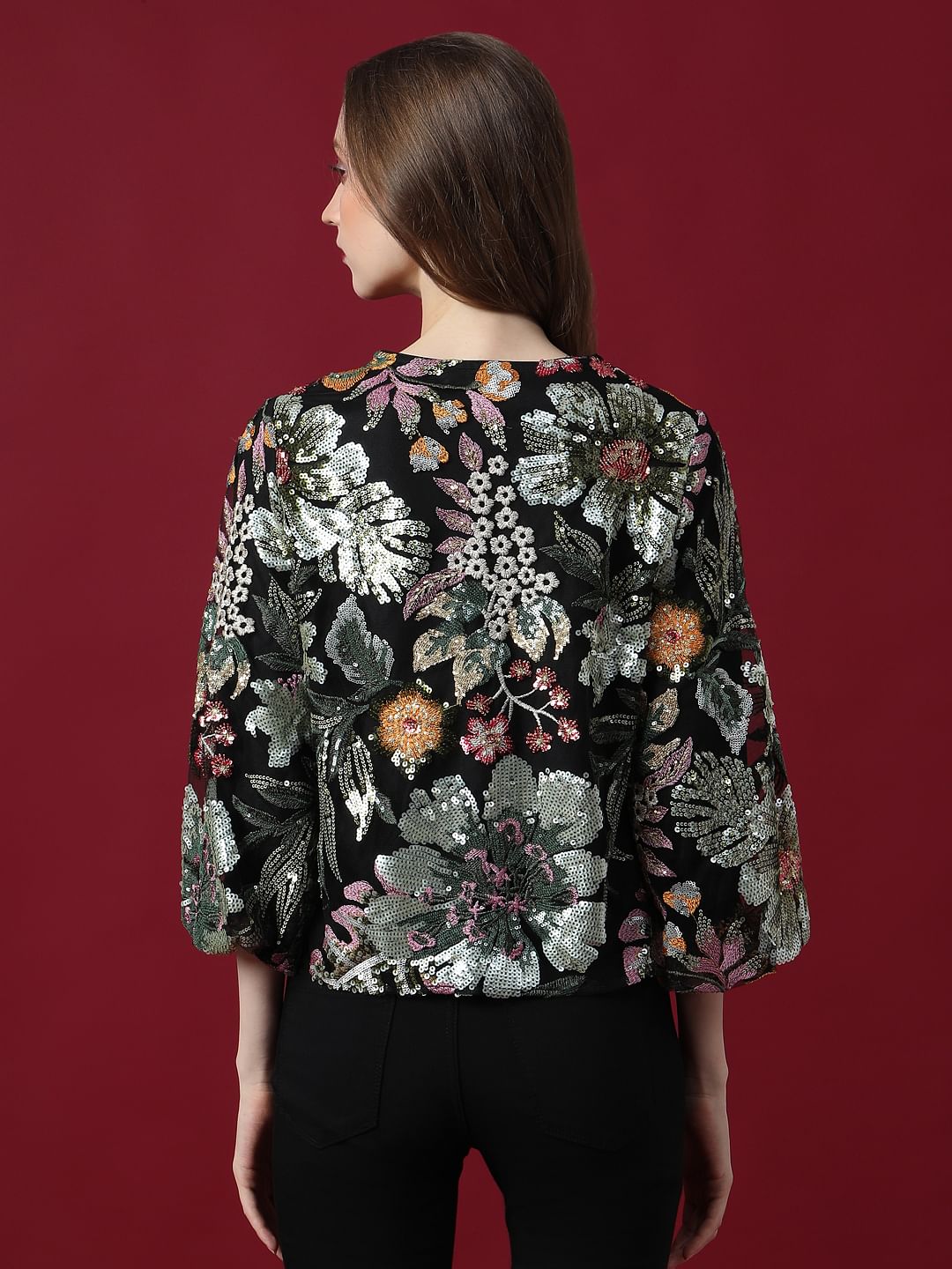 Marquee Black Embroidered Sequined Top