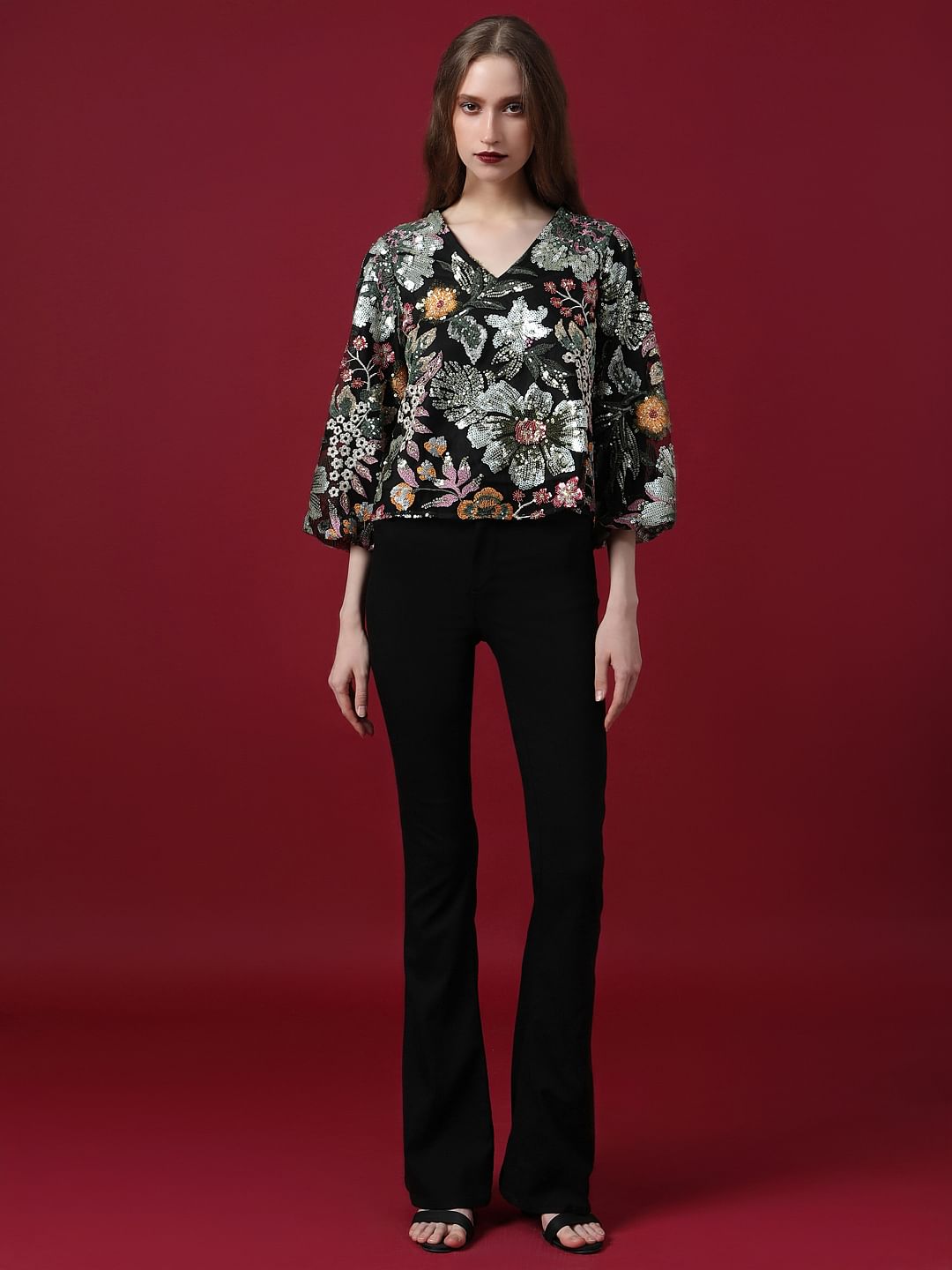 Marquee Black Embroidered Sequined Top