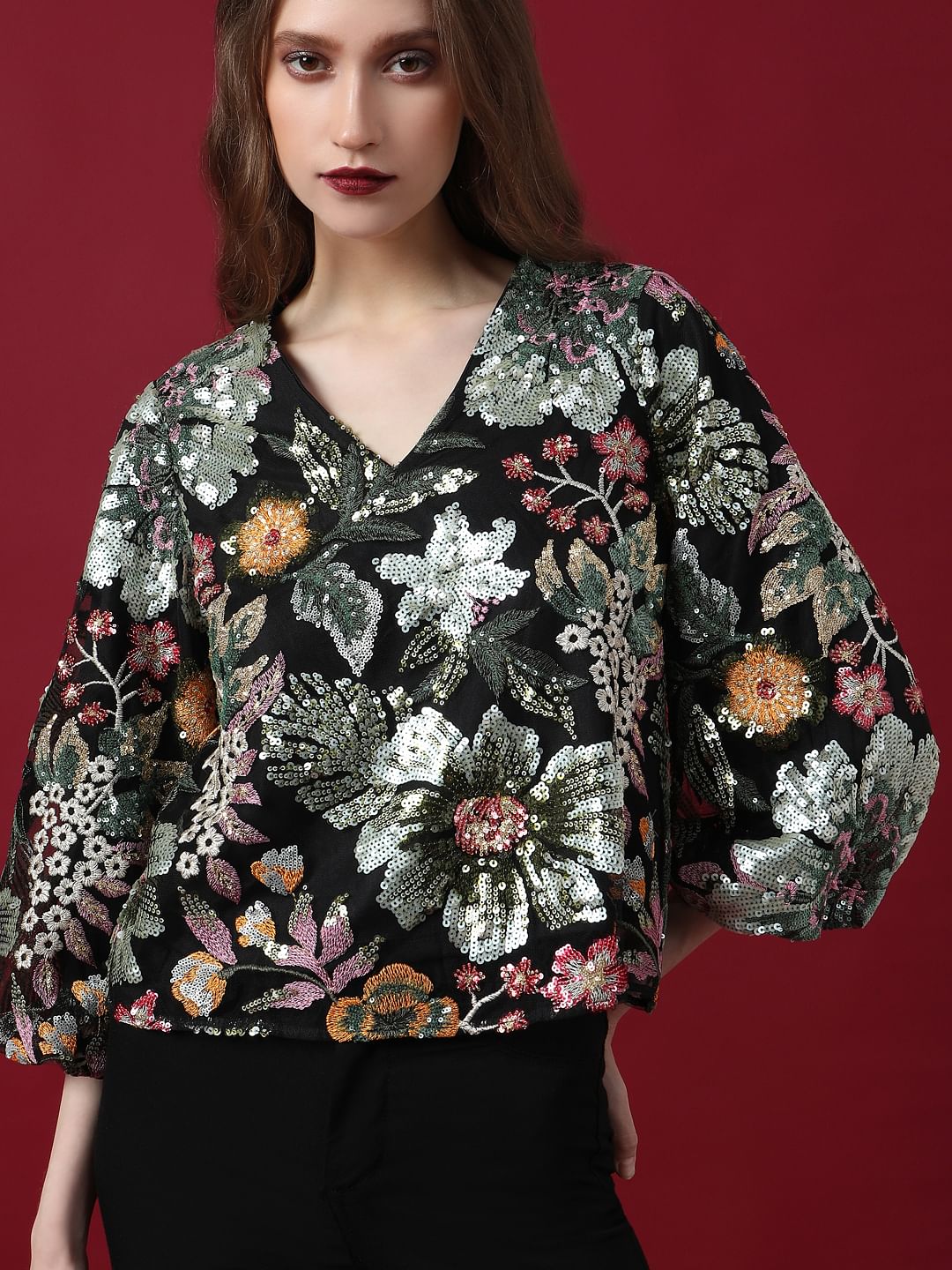 Marquee Black Embroidered Sequined Top