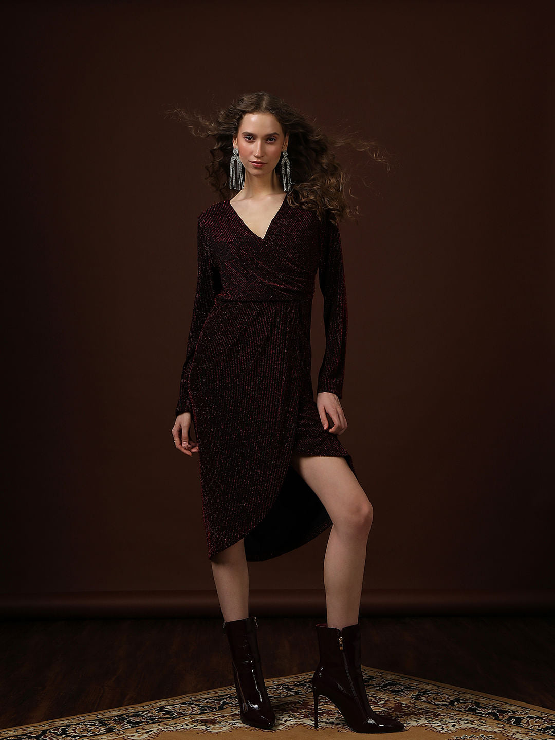 shimmer long sleeve midi dress Maroon Shimmer Wrap Midi Dress