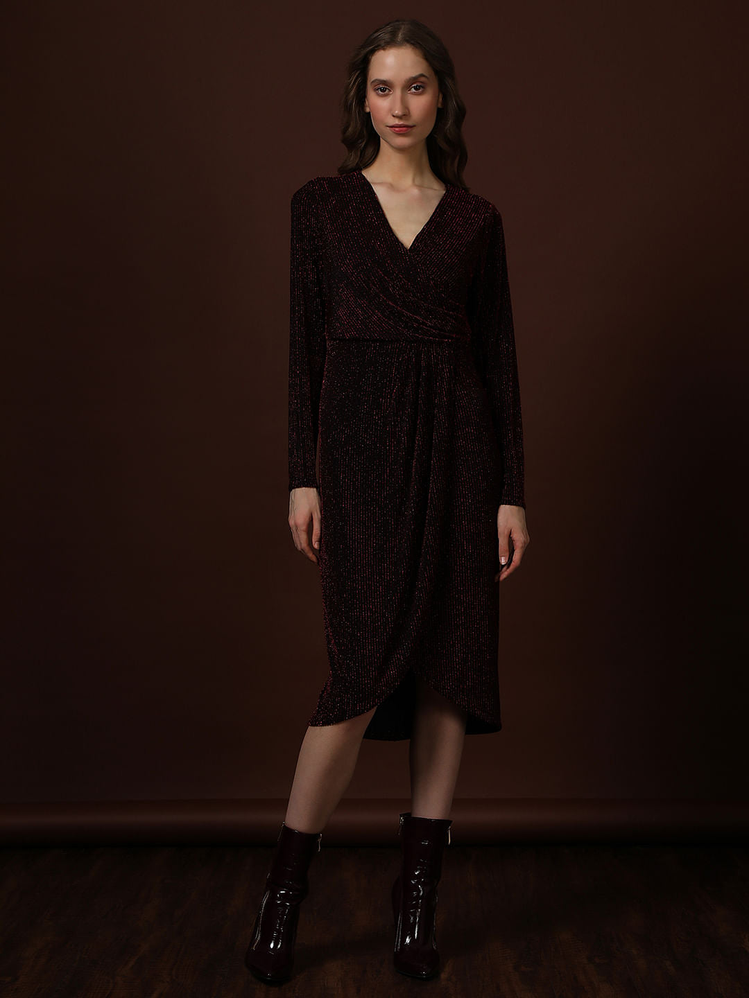 Maroon Shimmer Wrap Midi Dress