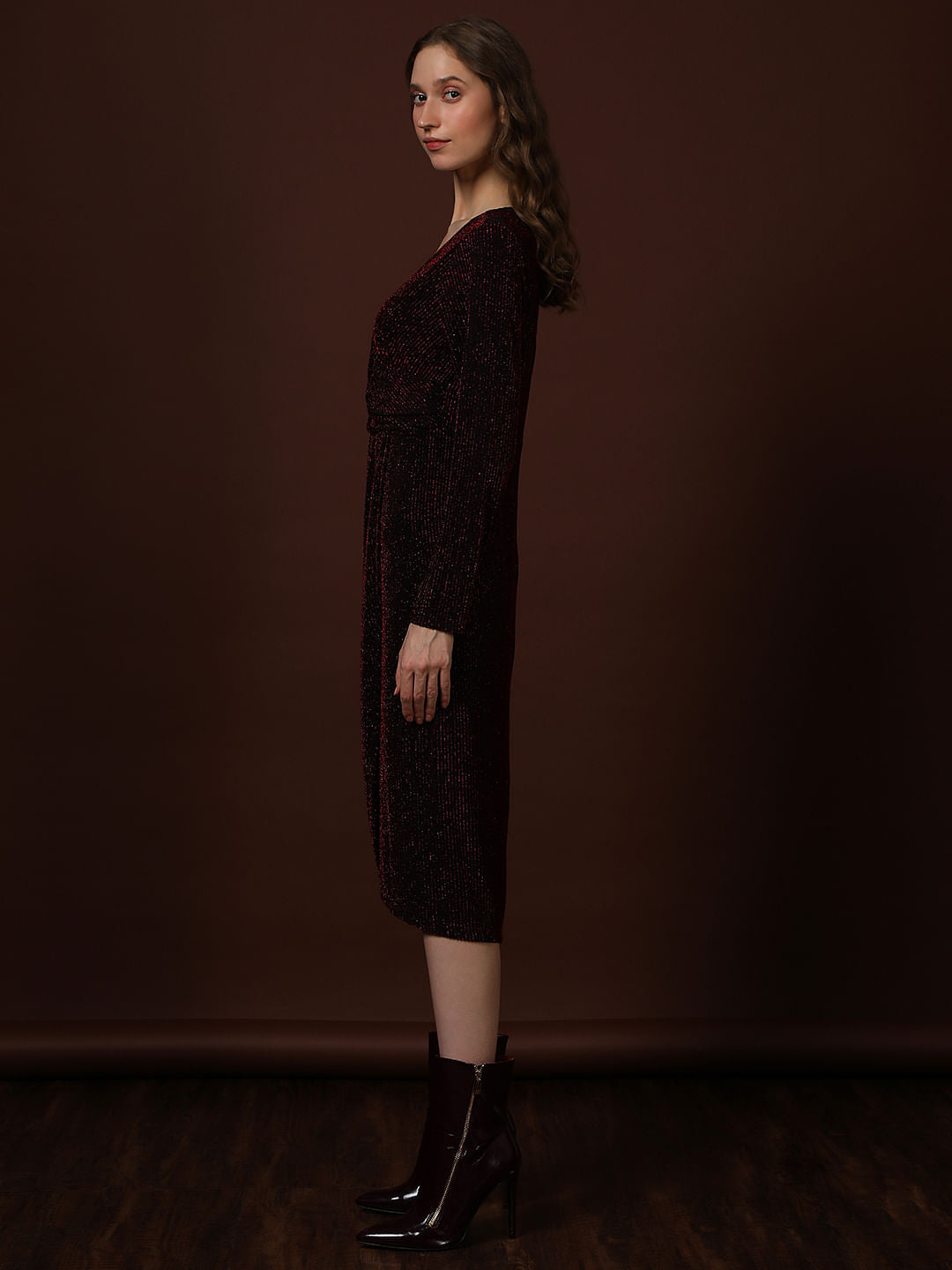 Maroon Shimmer Wrap Midi Dress
