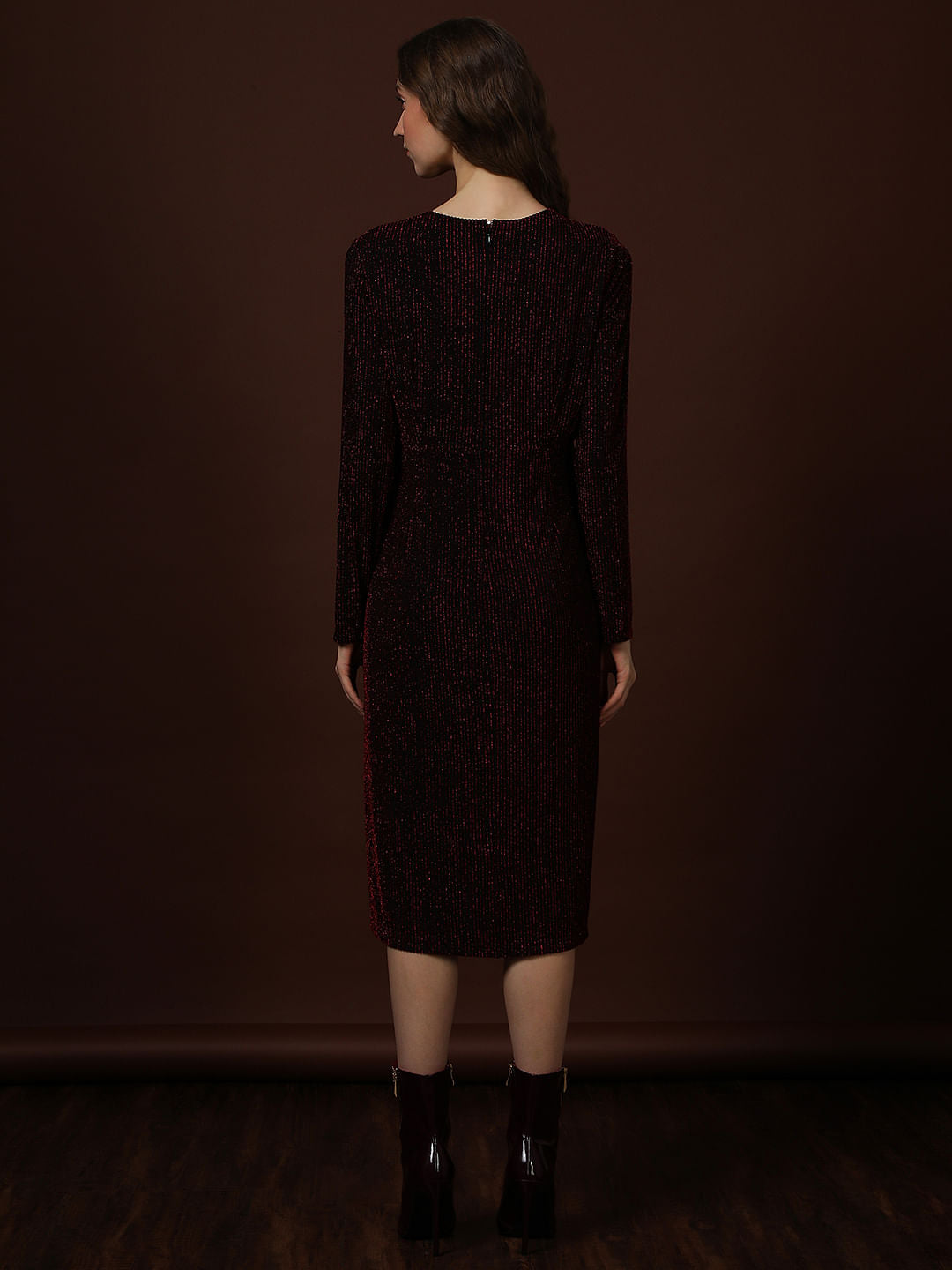 Maroon Shimmer Wrap Midi Dress