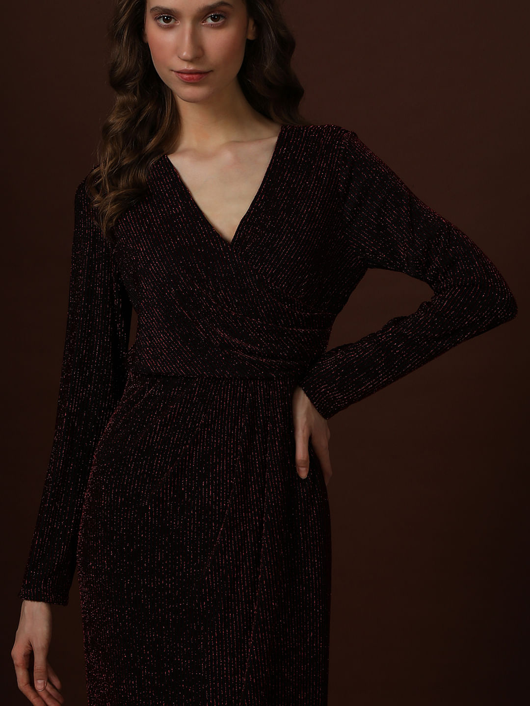 Maroon Shimmer Wrap Midi Dress