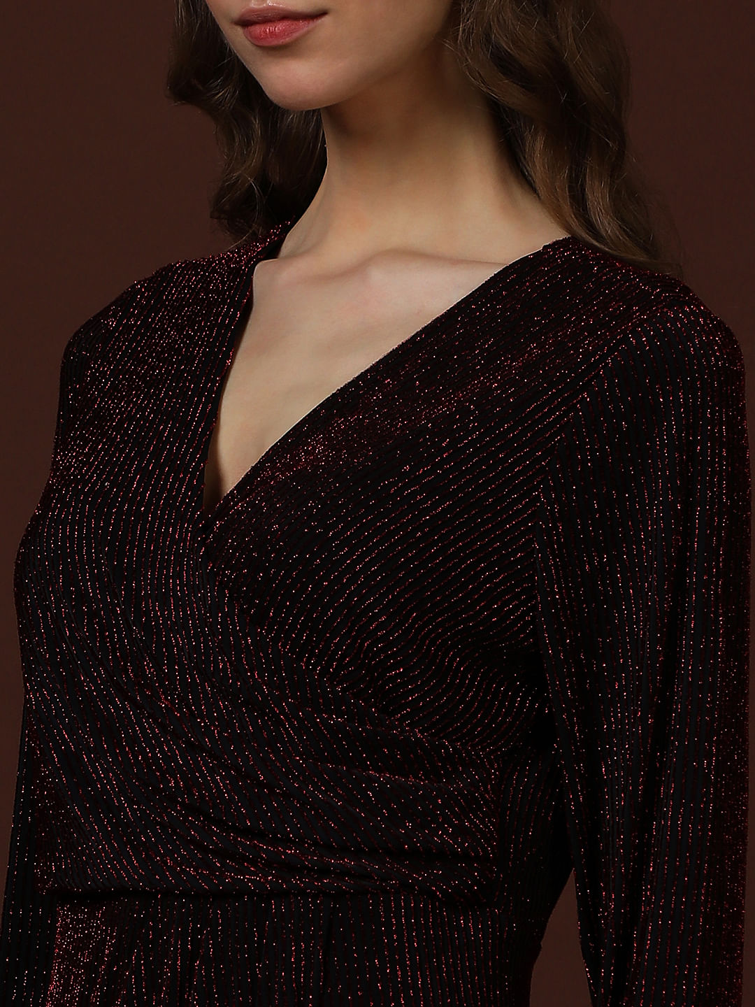 Maroon Shimmer Wrap Midi Dress