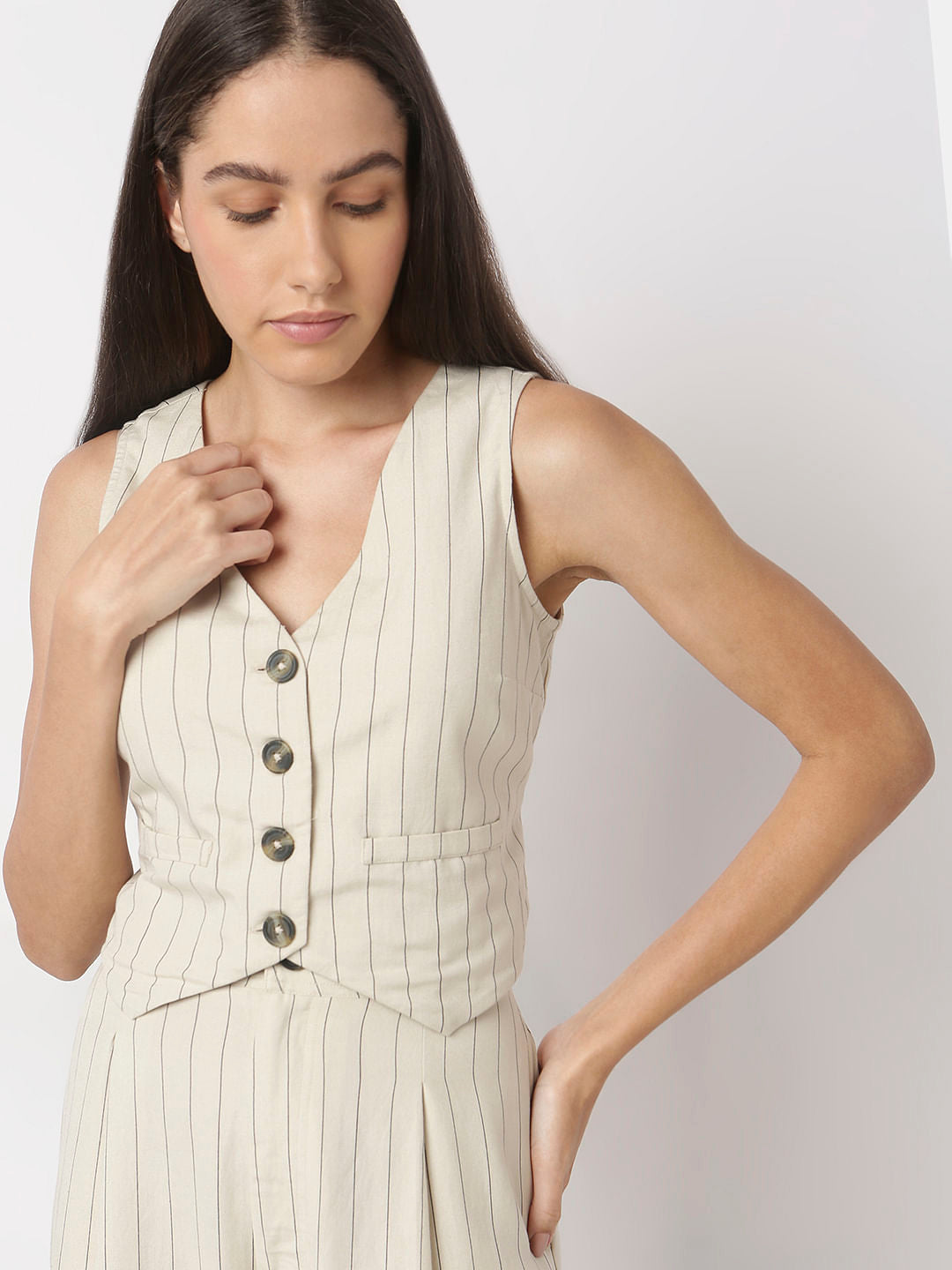 Beige Stripes Linen Waistcoat