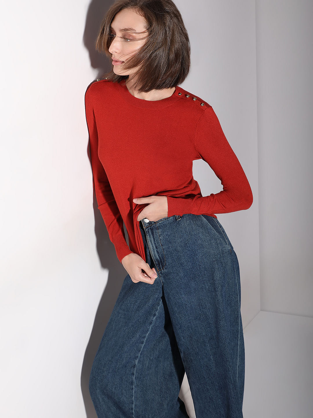 Red Long Sleeve Knit Pullover