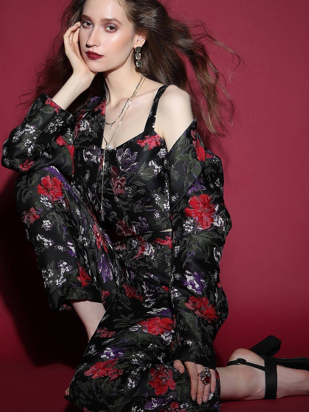 Marquee Black Floral Jacquard Co-Ord Set Top - XS