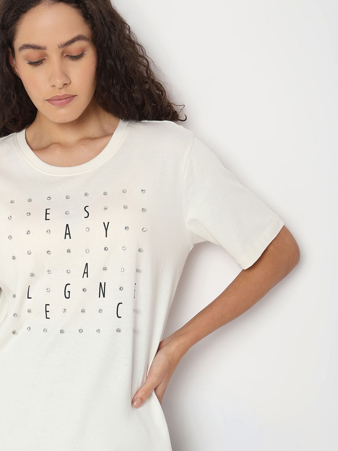White Rhinestone Detail T-Shirt