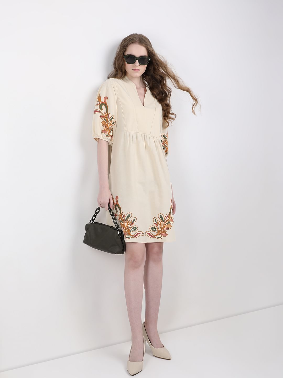 Beige Printed Mini Dress