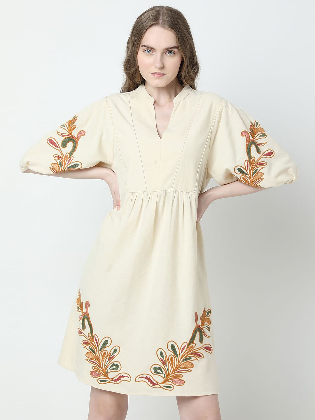 Beige Printed Mini Dress