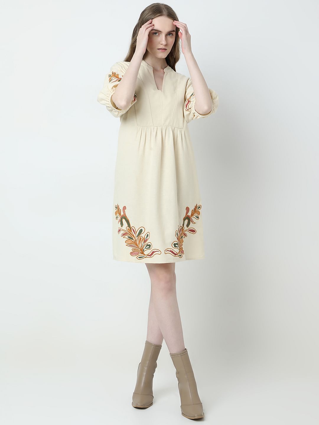 Beige Printed Mini Dress