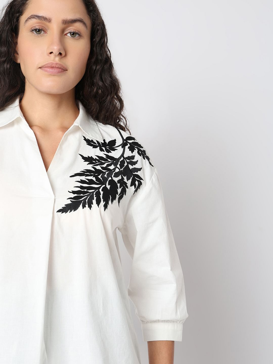 White Embroidered Print Top