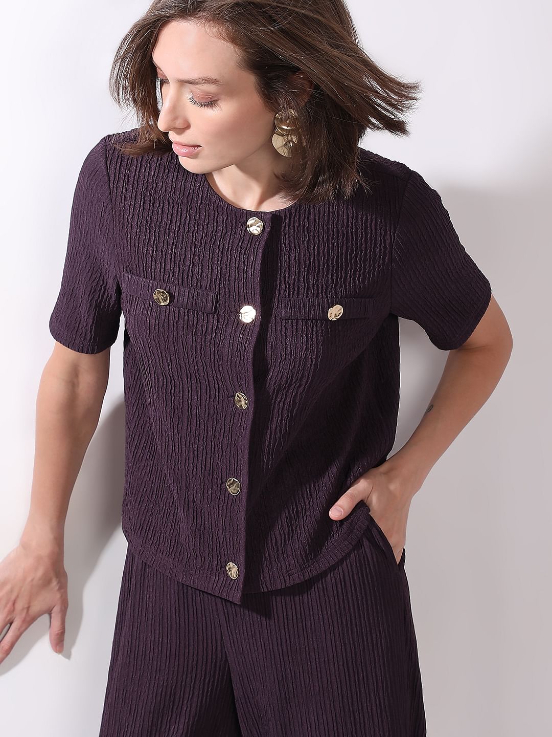 Plum Crinkle Weave Co-Ord Set Top
