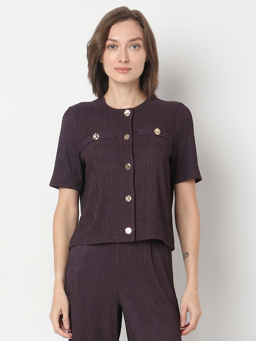 Plum Crinkle Weave Co-Ord Set Top