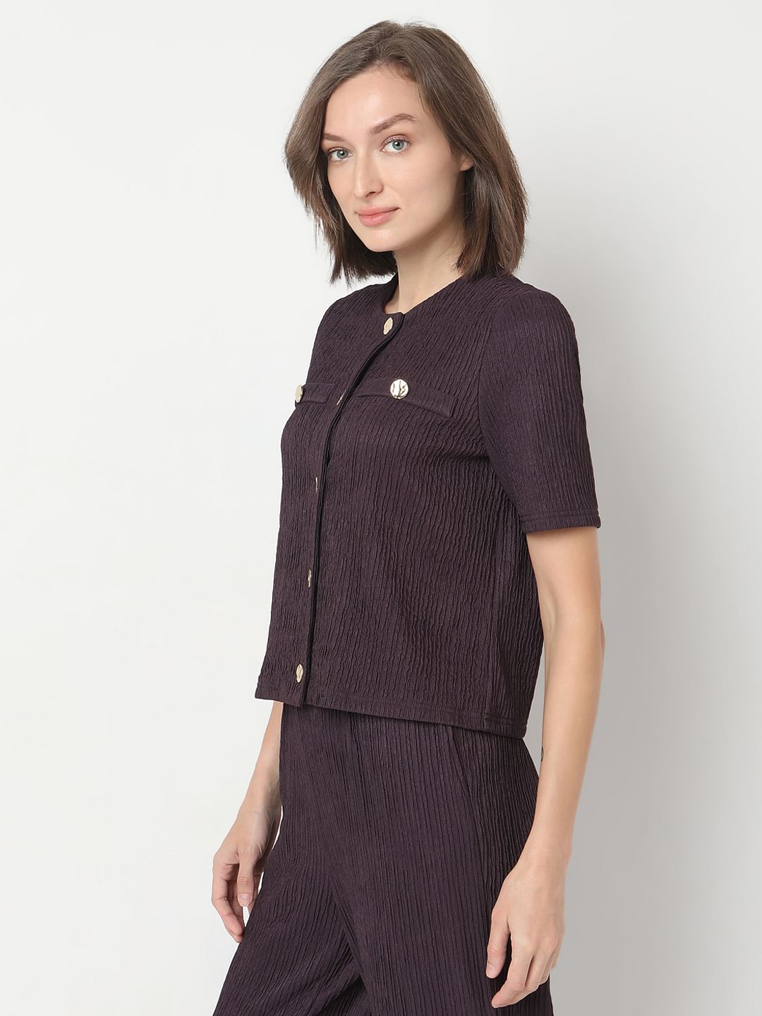 Plum Crinkle Weave Co-Ord Set Top