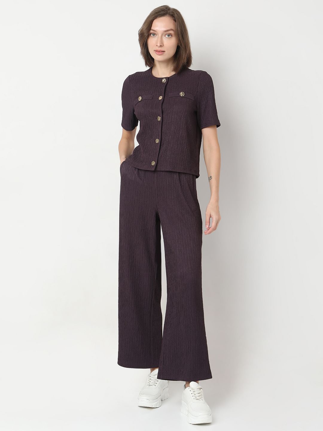 Plum Crinkle Weave Co-Ord Set Top