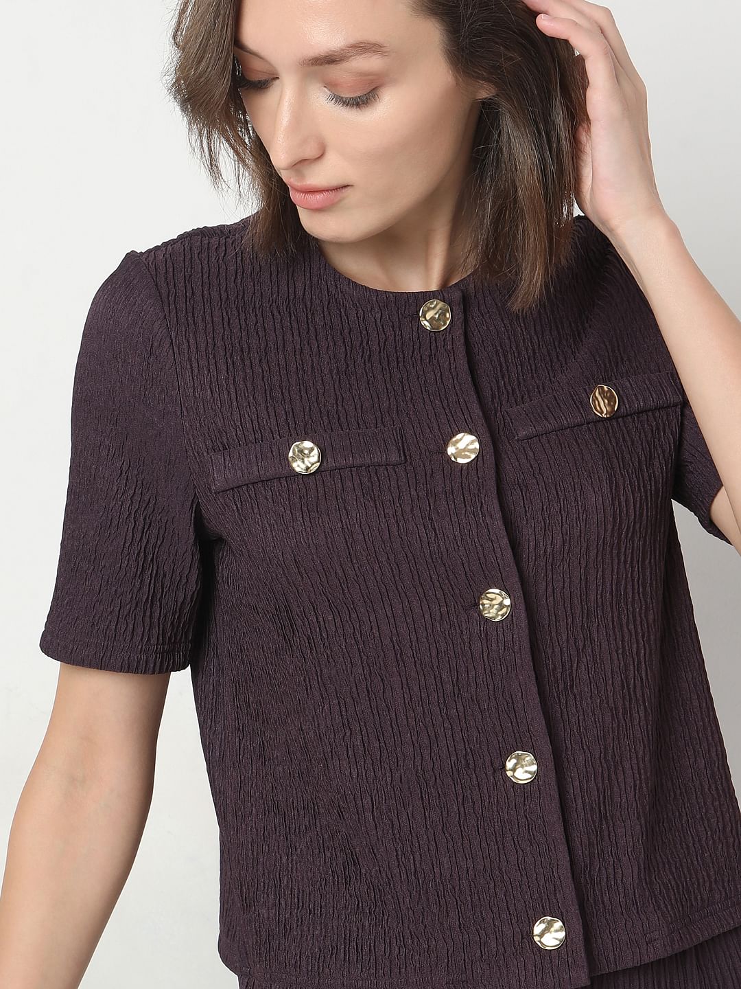 Plum Crinkle Weave Co-Ord Set Top