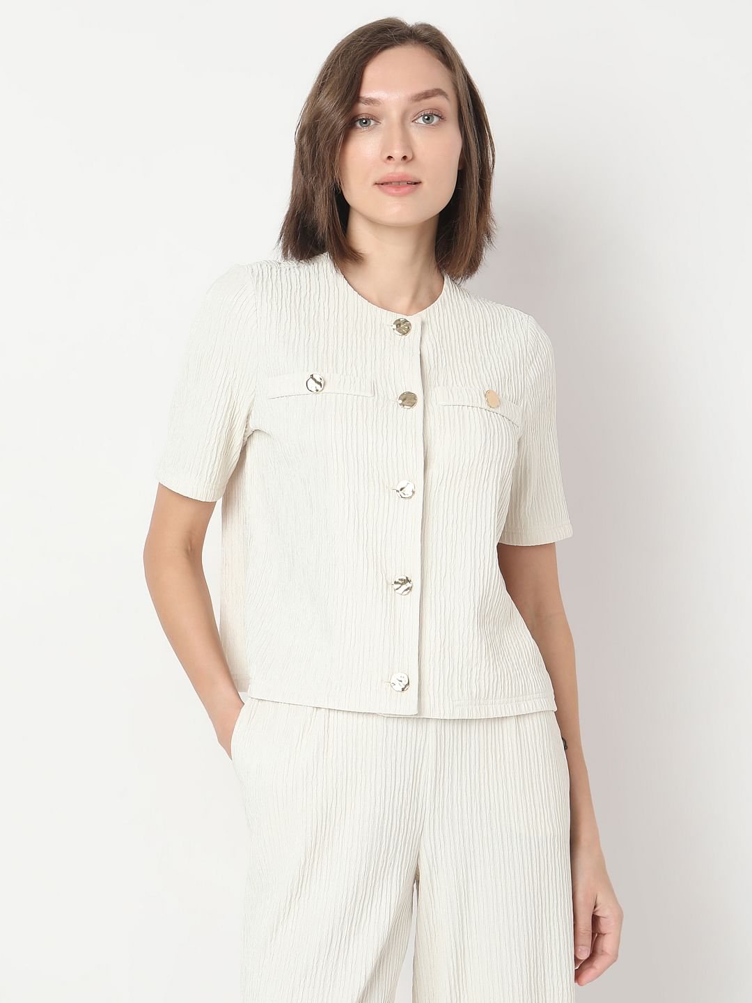 Cream Crinkle Weave Co-Ord Set Top