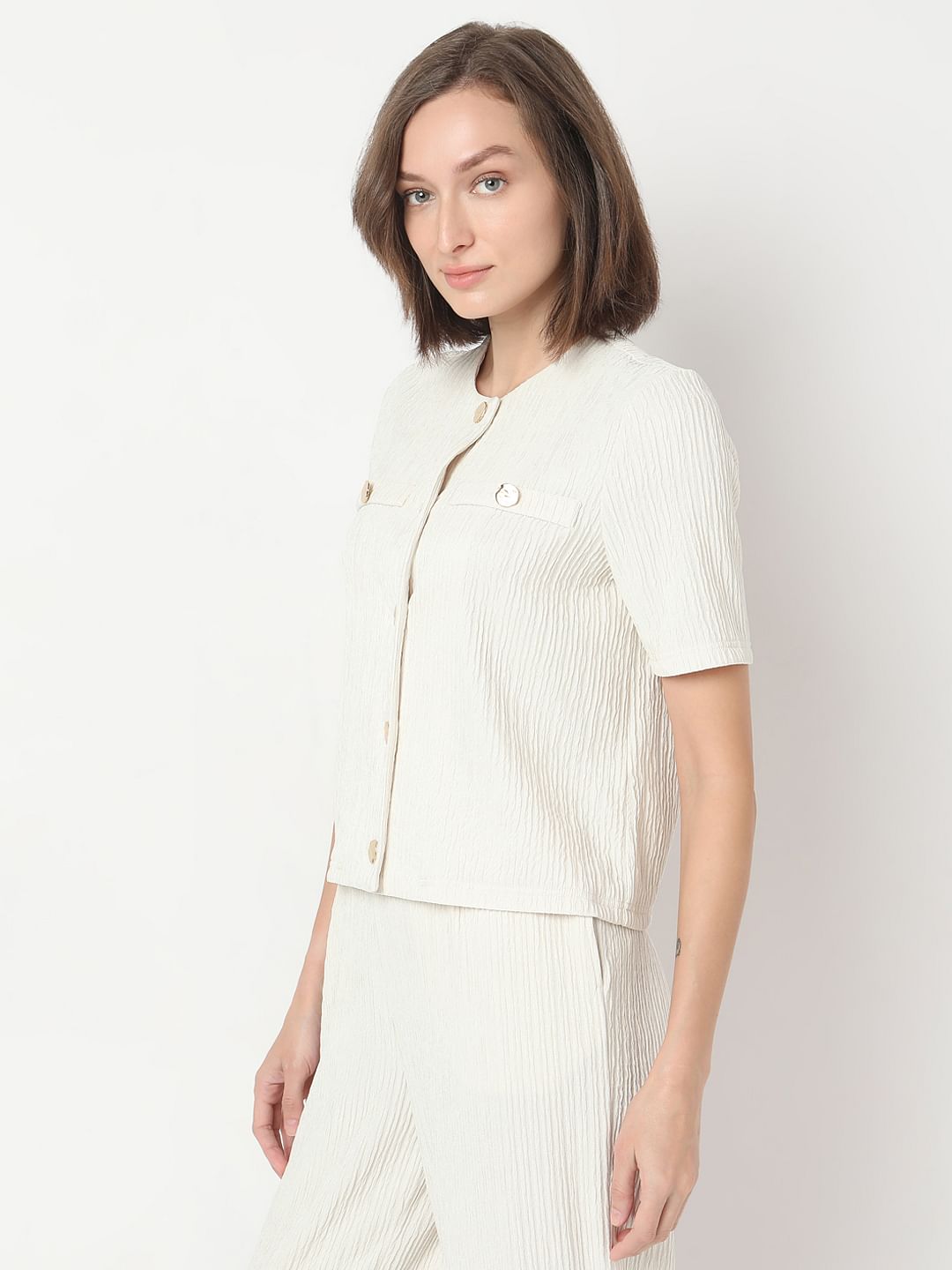 Cream Crinkle Weave Co-Ord Set Top