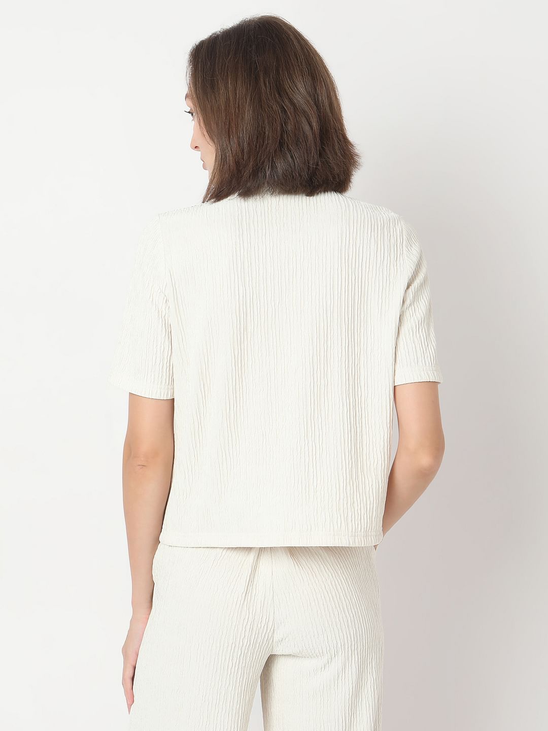 Cream Crinkle Weave Co-Ord Set Top