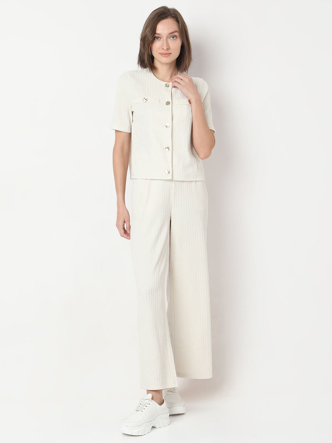 Cream Crinkle Weave Co-Ord Set Top