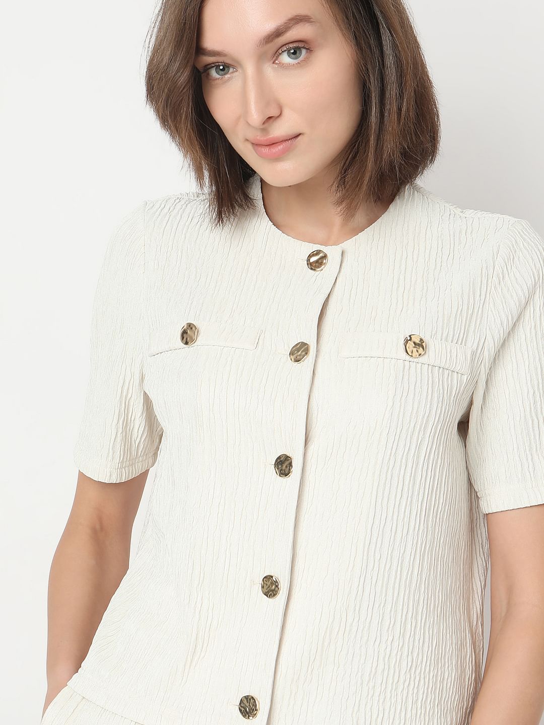 Cream Crinkle Weave Co-Ord Set Top