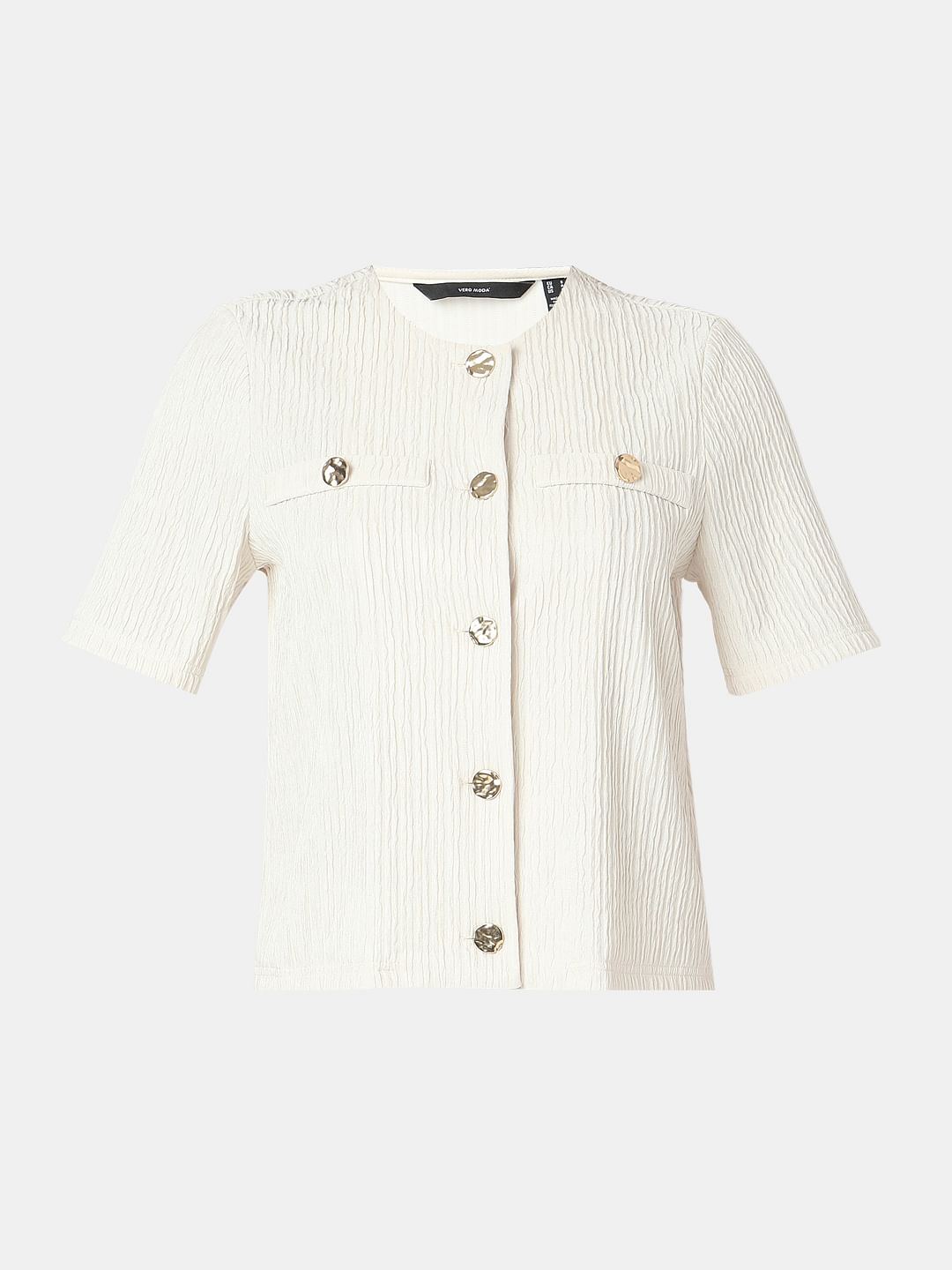 Cream Crinkle Weave Co-Ord Set Top