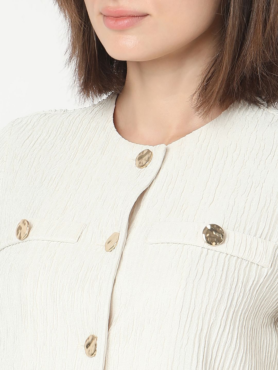 Cream Crinkle Weave Co-Ord Set Top