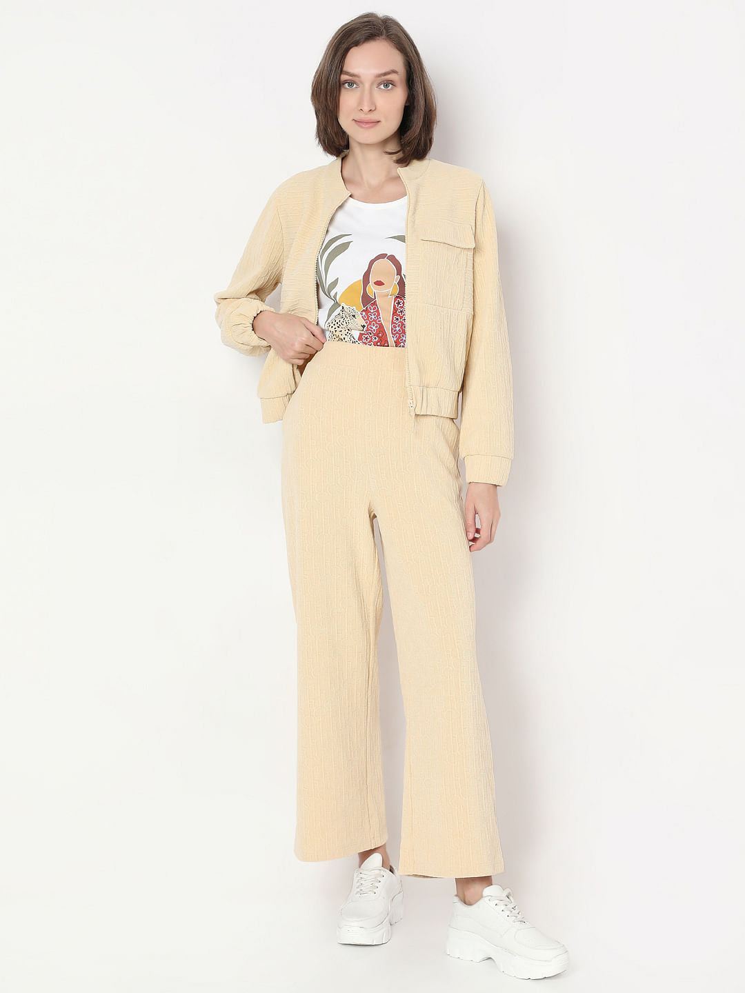 Beige Textured Trouser