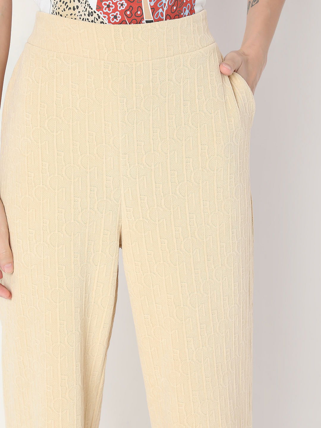 Beige Textured Trouser