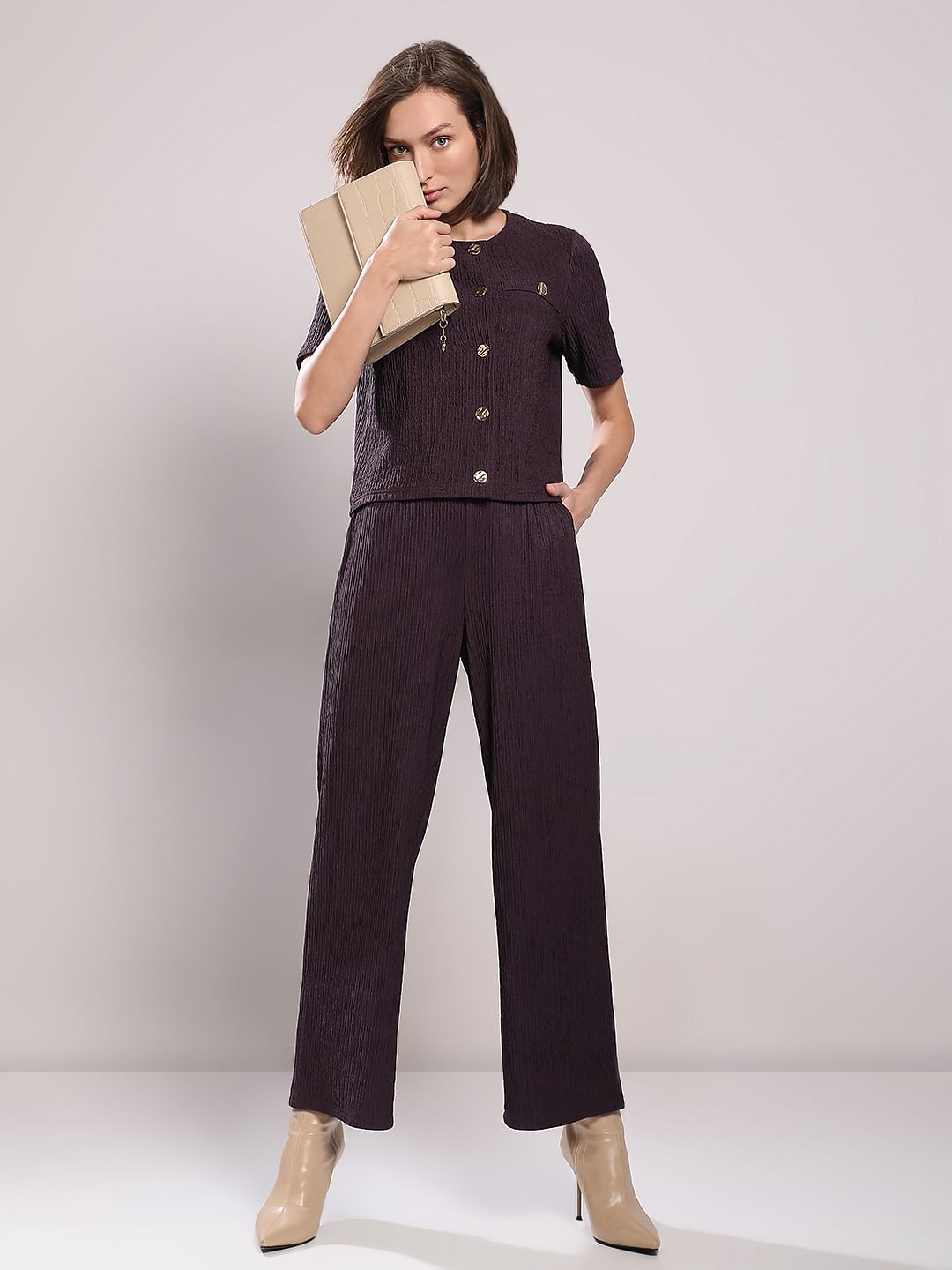Plum Crinkle Weave Co-Ord Set Pants
