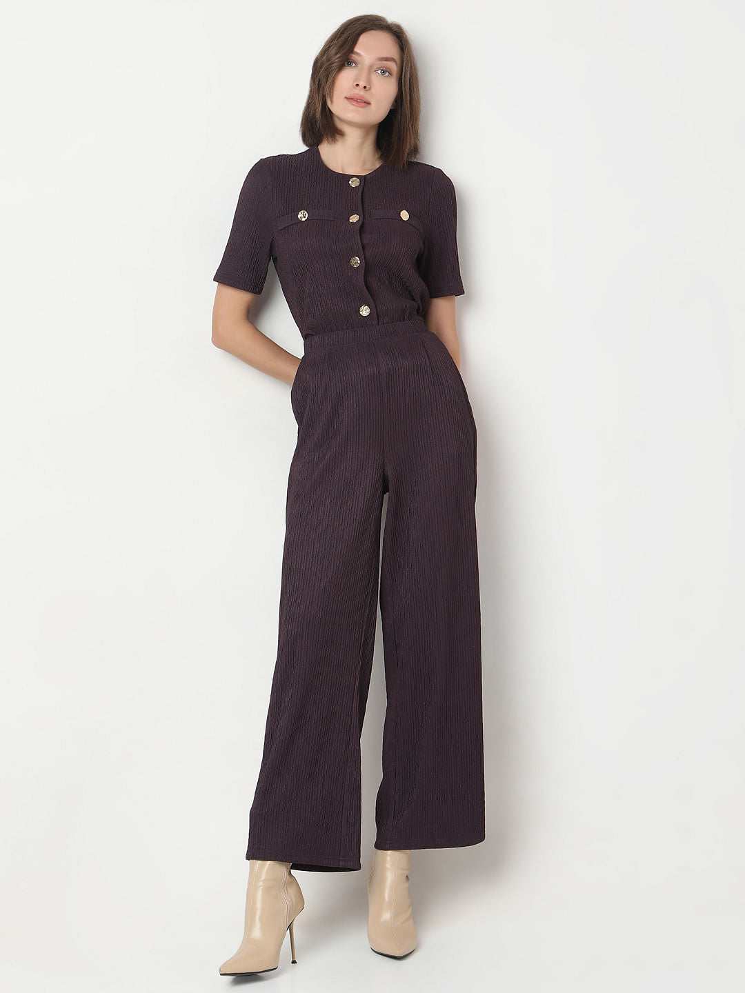 Plum Crinkle Weave Co-Ord Set Pants