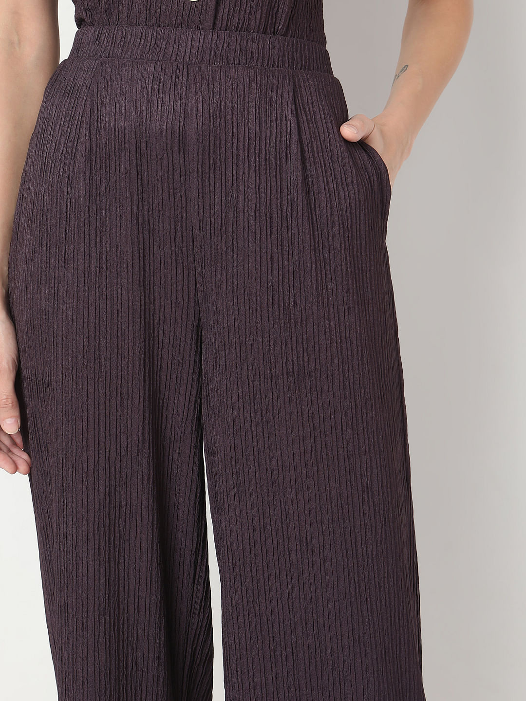 Plum Crinkle Weave Co-Ord Set Pants
