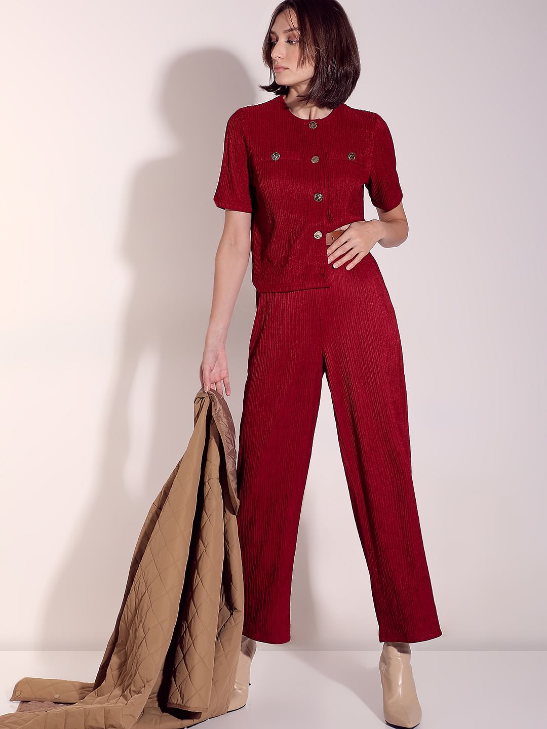 Red Crinkle Weave Co-Ord Set Pants