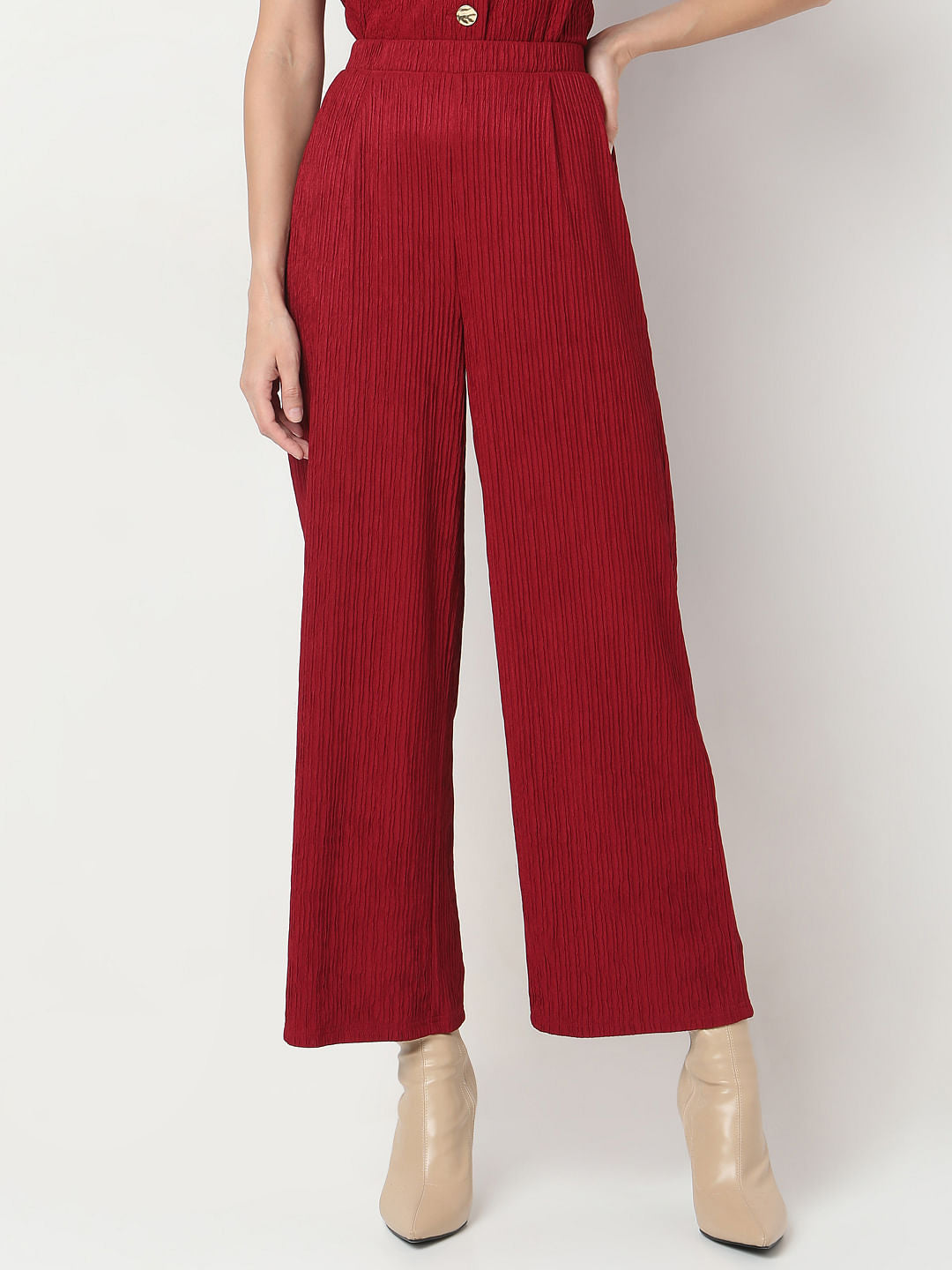 Red Crinkle Weave Co-Ord Set Pants