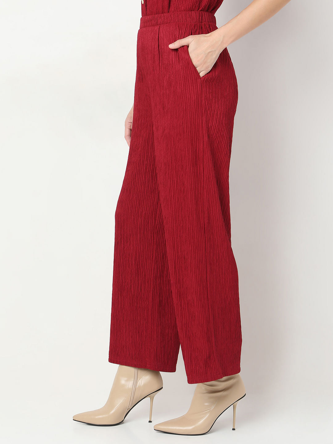 Red Crinkle Weave Co-Ord Set Pants