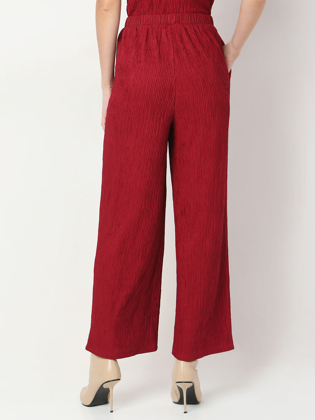 Red Crinkle Weave Co-Ord Set Pants