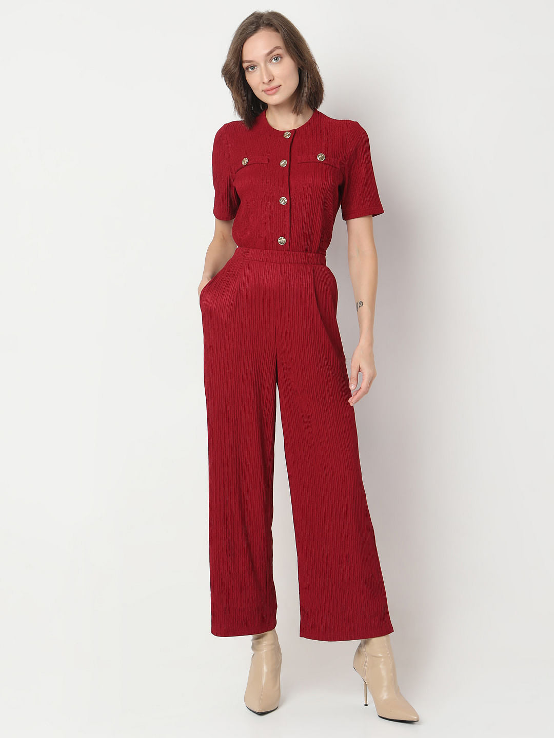 Red Crinkle Weave Co-Ord Set Pants