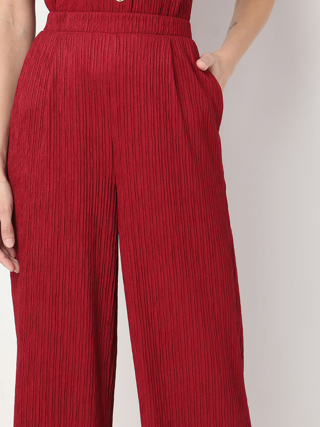 Red Crinkle Weave Co-Ord Set Pants