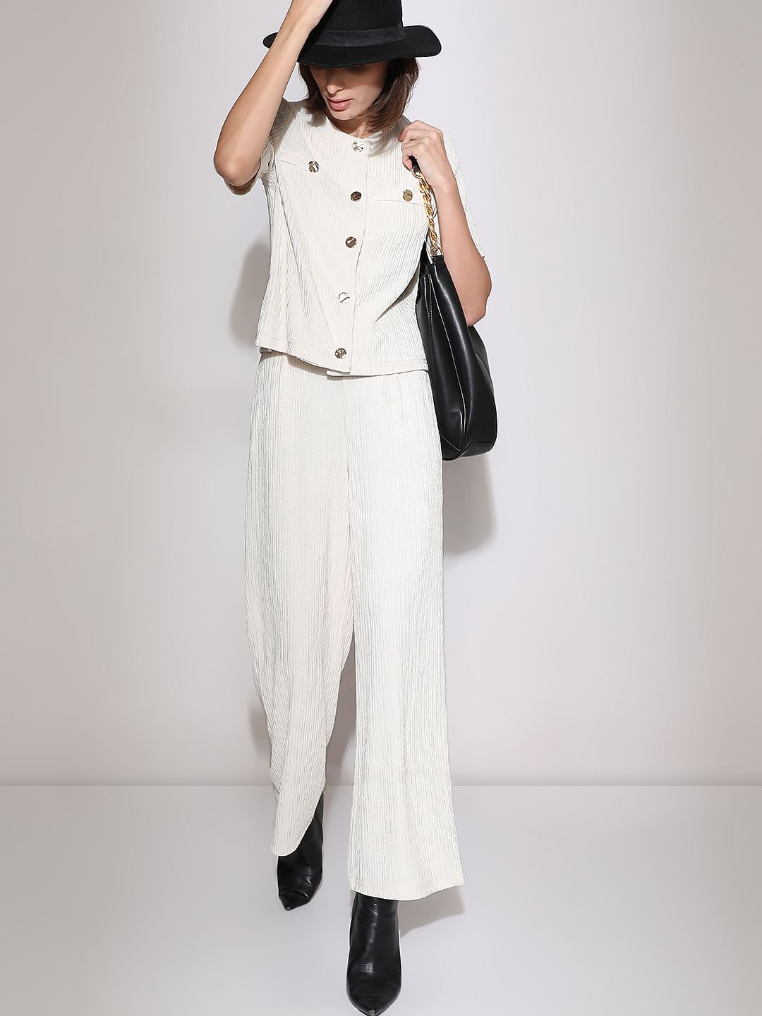 Cream Crinkle Weave Co-Ord Set Pants