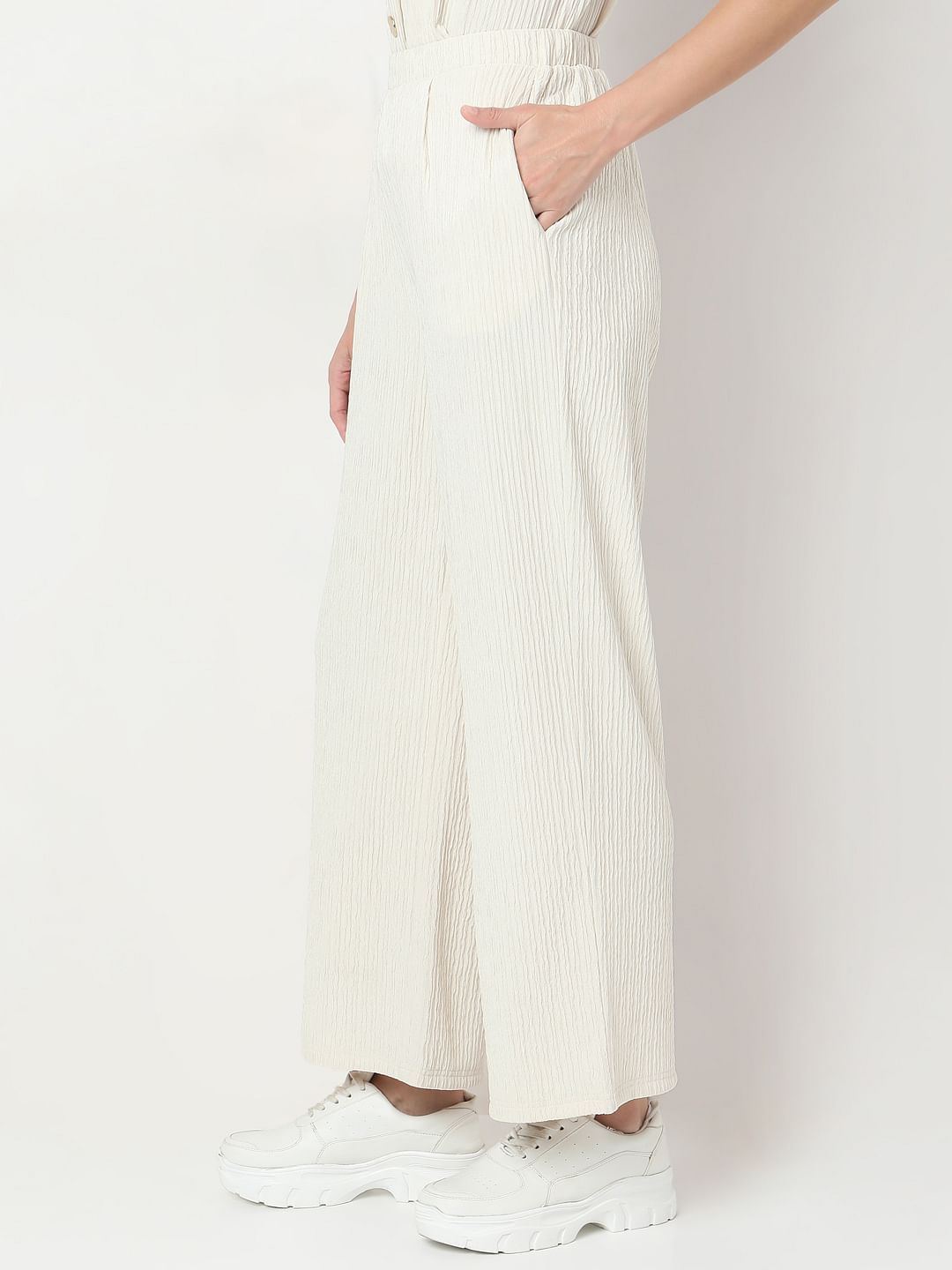 Cream Crinkle Weave Co-Ord Set Pants