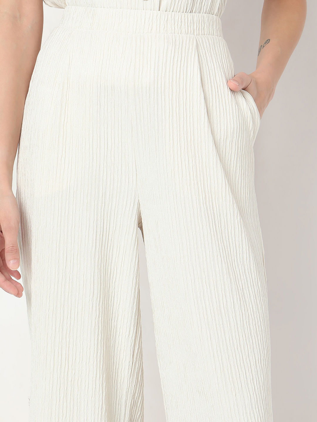 Cream Crinkle Weave Co-Ord Set Pants