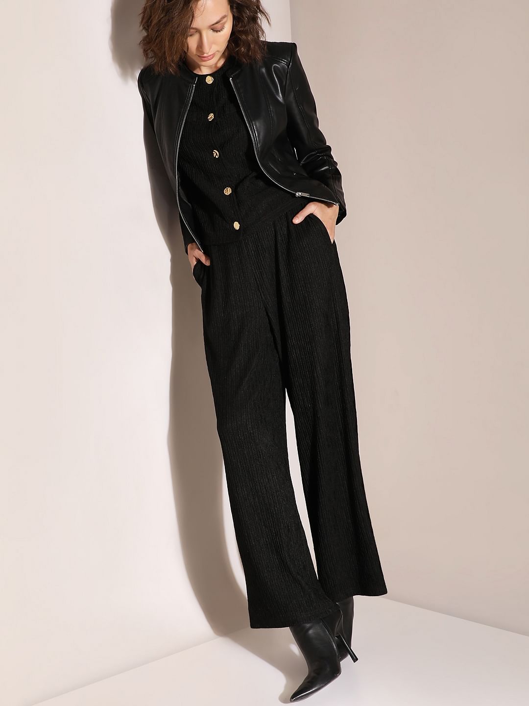 Black Crinkle Weave Co-Ord Set Pants