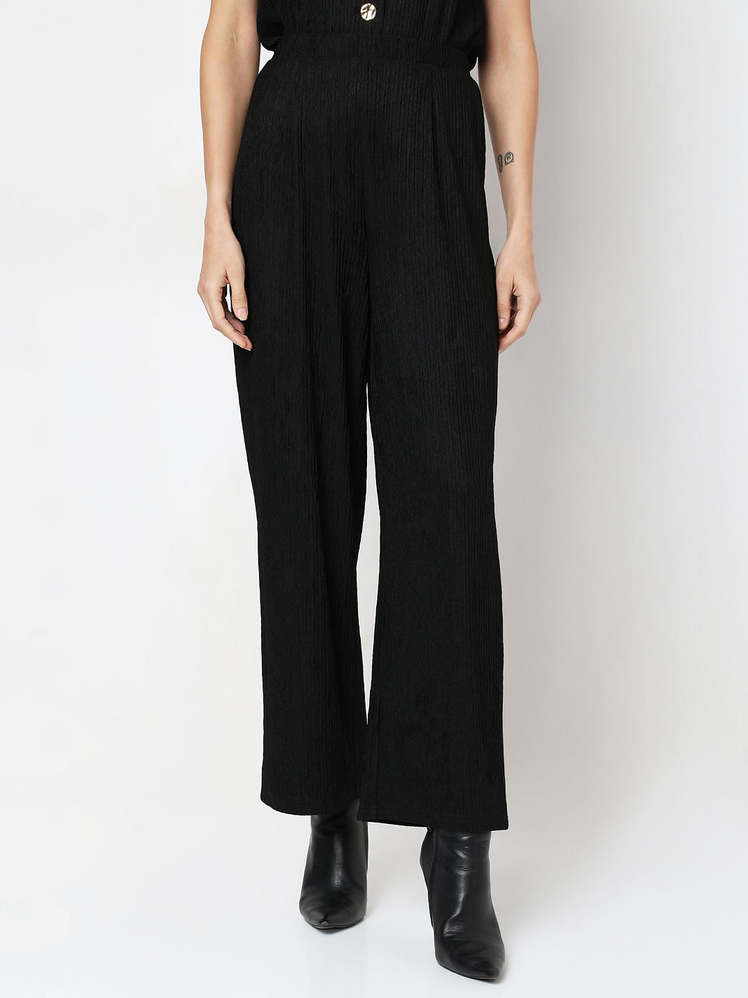 Black Crinkle Weave Co-Ord Set Pants