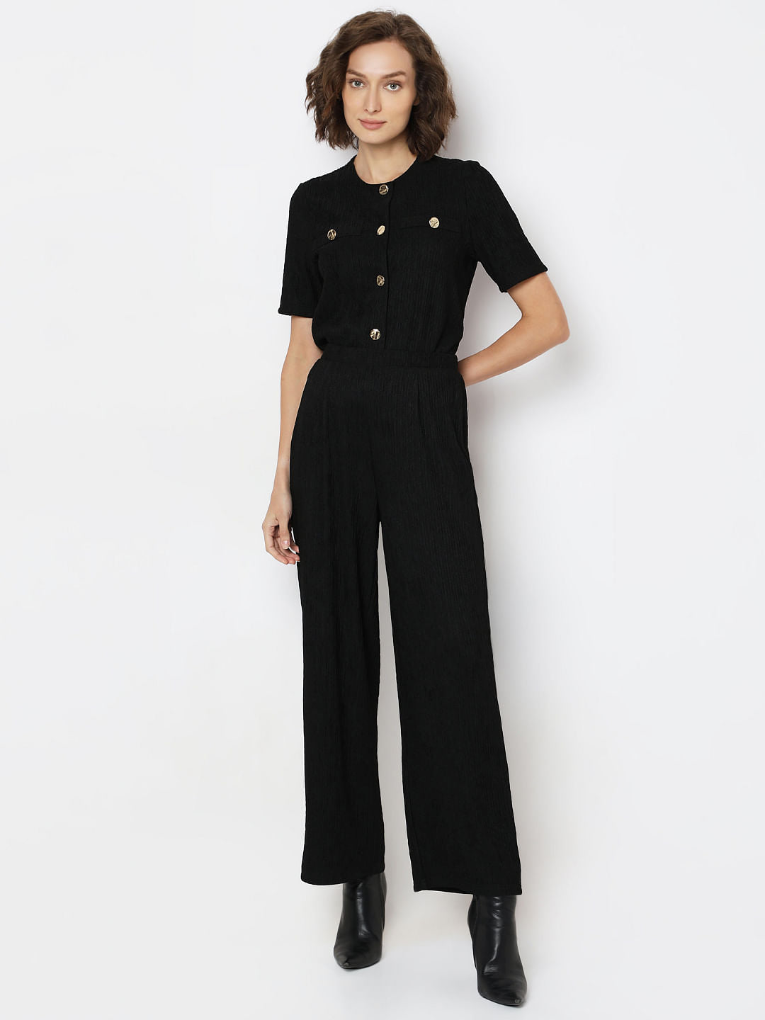 Black Crinkle Weave Co-Ord Set Pants
