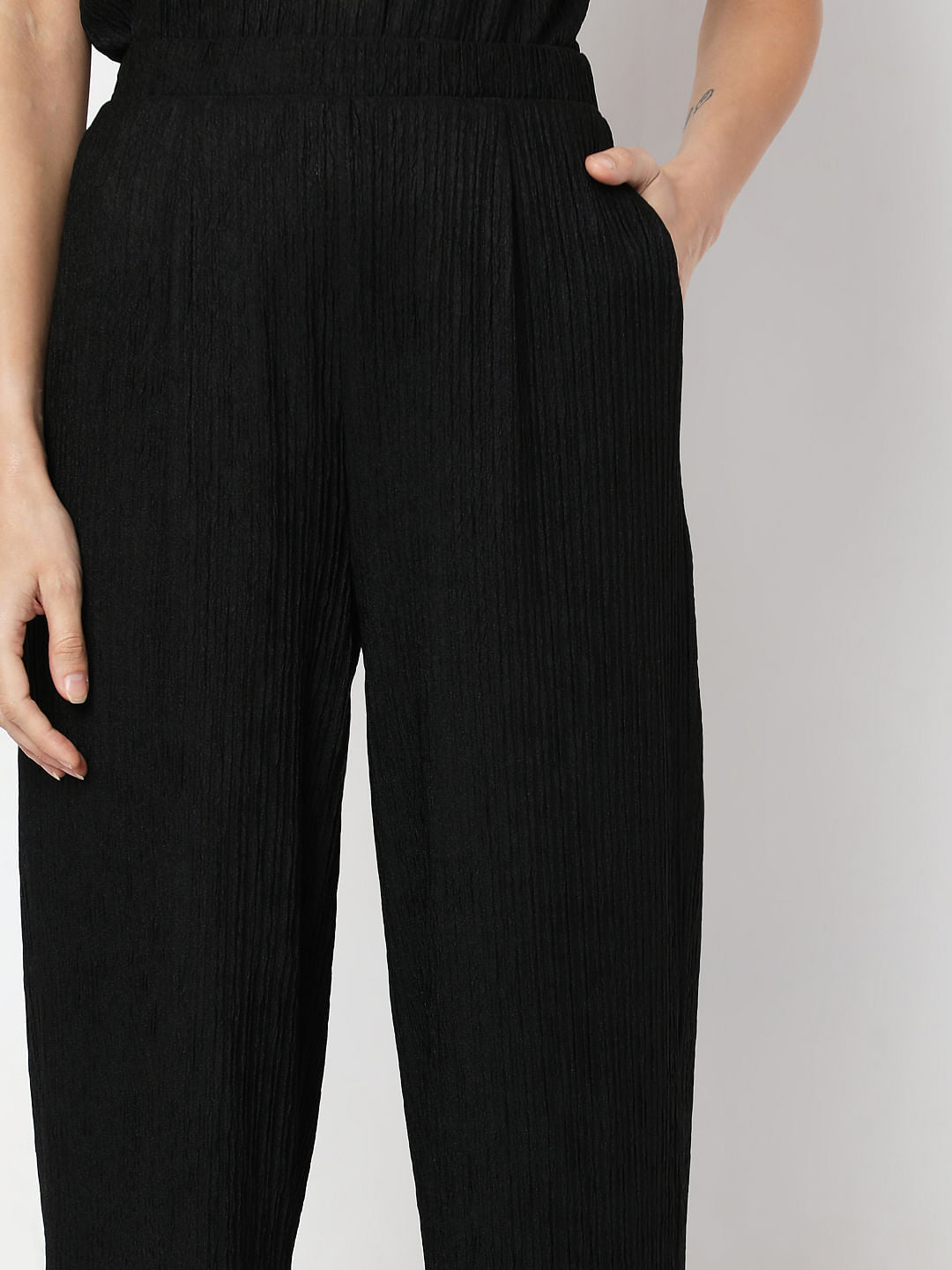 Black Crinkle Weave Co-Ord Set Pants