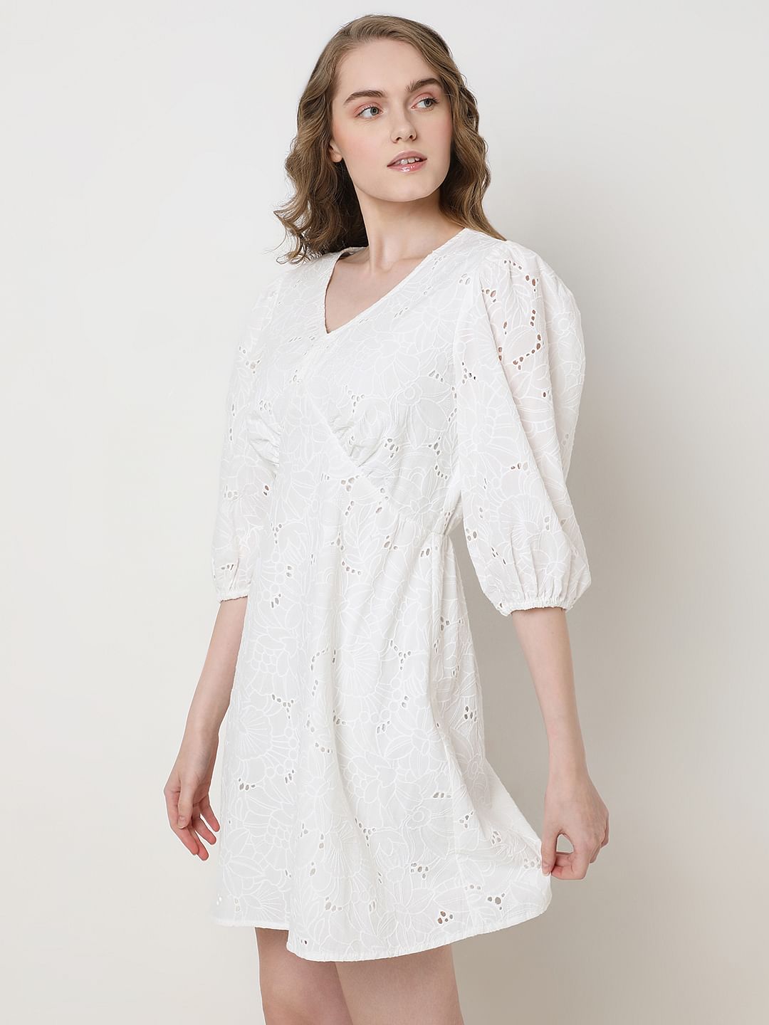 White Schiffli Cotton Mini Dress