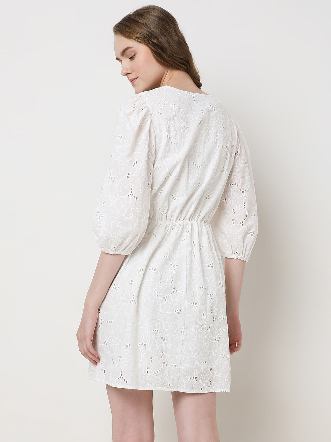White Schiffli Cotton Mini Dress