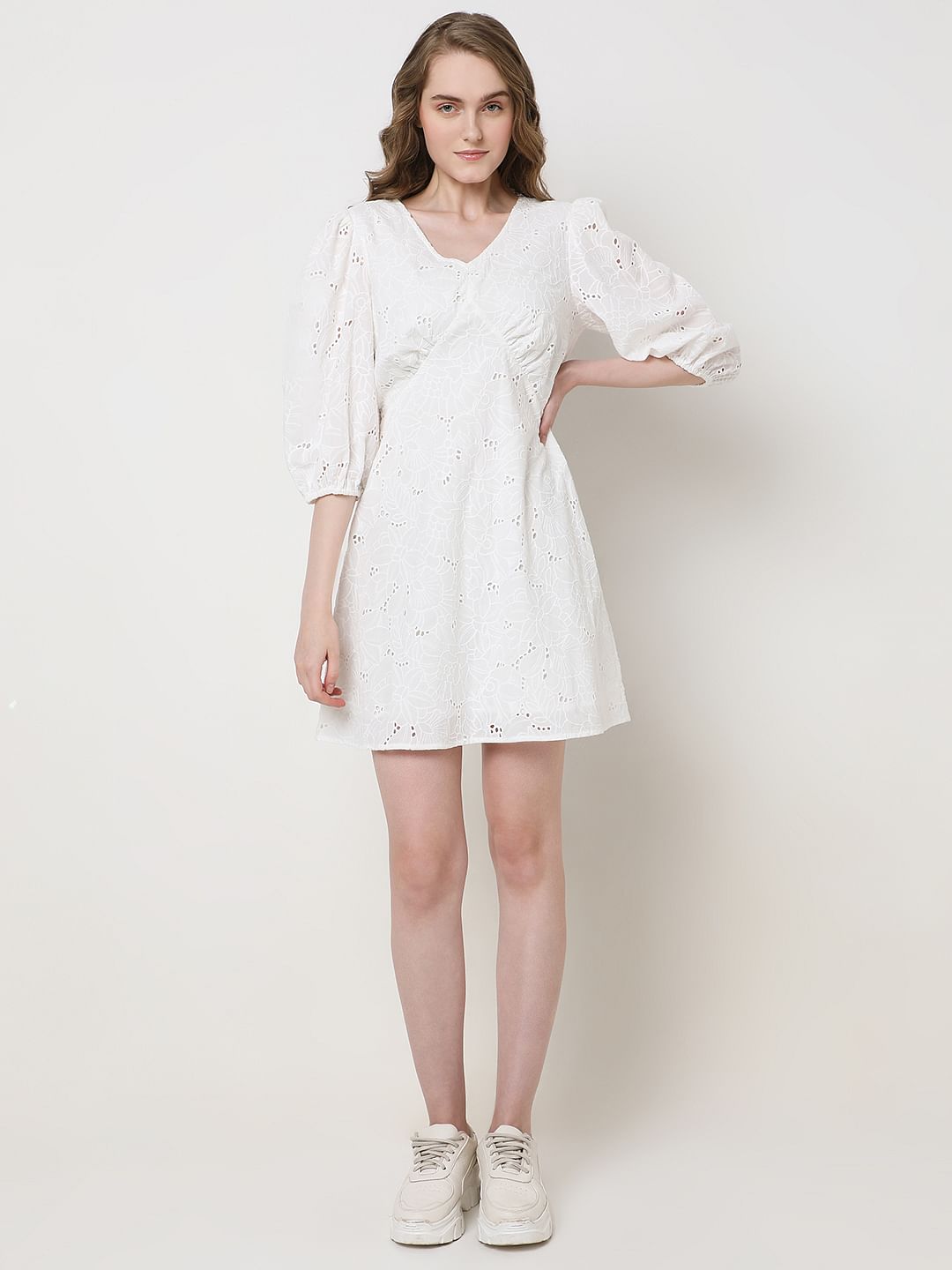 White Schiffli Cotton Mini Dress